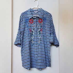 Johnny Was Blue and Red Embroidered Checkered Tunic